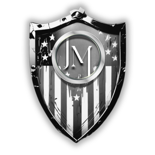 Jeff Morefield logo; "JM" in a cirlce, on a badge with the American flag.